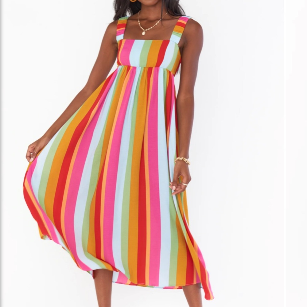 NWT Show Me Your Mumu Fling Midi Dress in getaway stripe. Rainbow colored